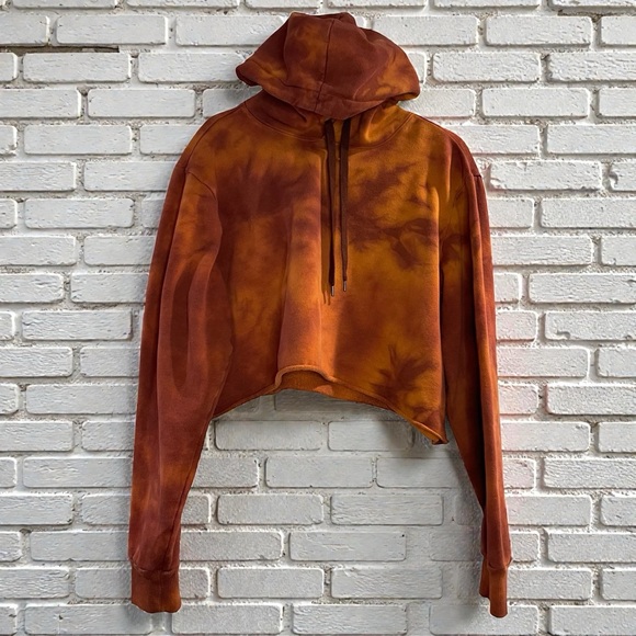 Tie Dye Cropped Hoodie Rust Orange Oversized Streetwear Raw Hem - Picture 2 of 5